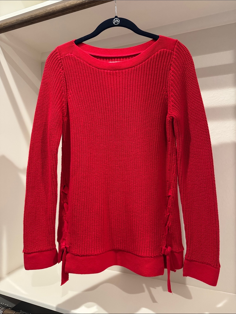 LOFT Bright Red Crewneck Sweater with Side Tie Accents